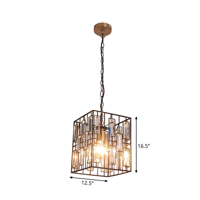 Black Cubic Cage Pendant Light Industrial Metal 1 Light Suspension Light with Crystal Accent for Restaurant Clearhalo 'Ceiling Lights' 'Chandeliers' 'Modern Chandeliers' 'Modern' Lighting' 260080