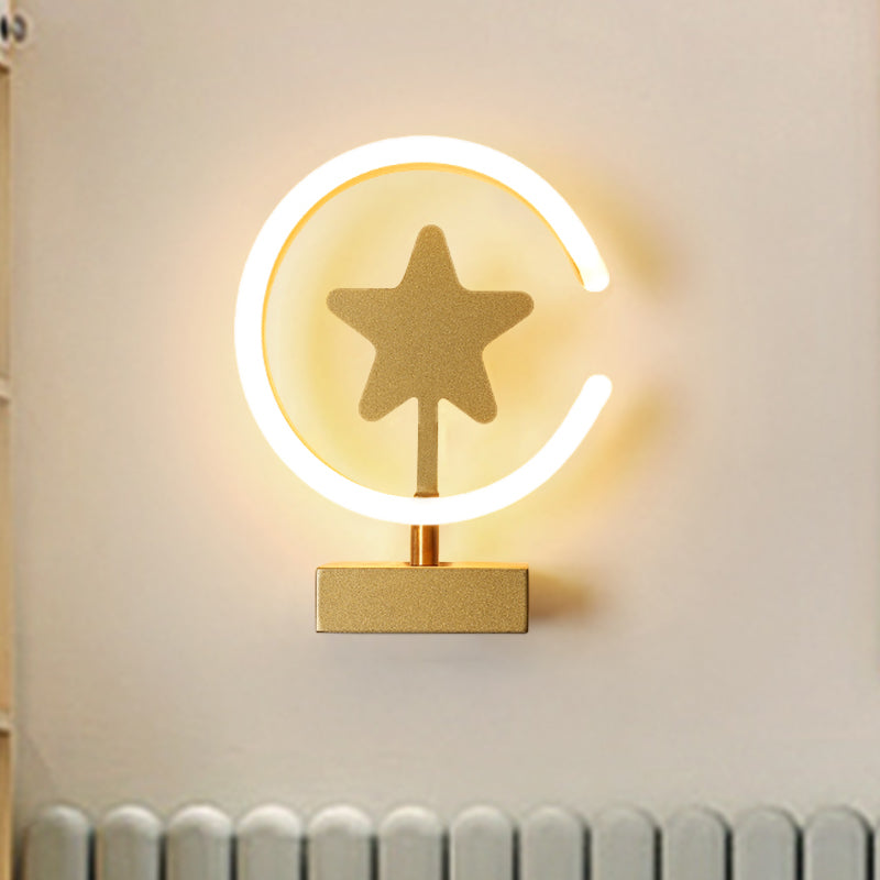 White/Gold Circle Flush Mount Wall Sconce with Star Pattern Cartoon Acrylic LED Wall Lighting, Warm/White Light Gold Clearhalo 'Wall Lamps & Sconces' 'Wall Lights' Lighting' 260089