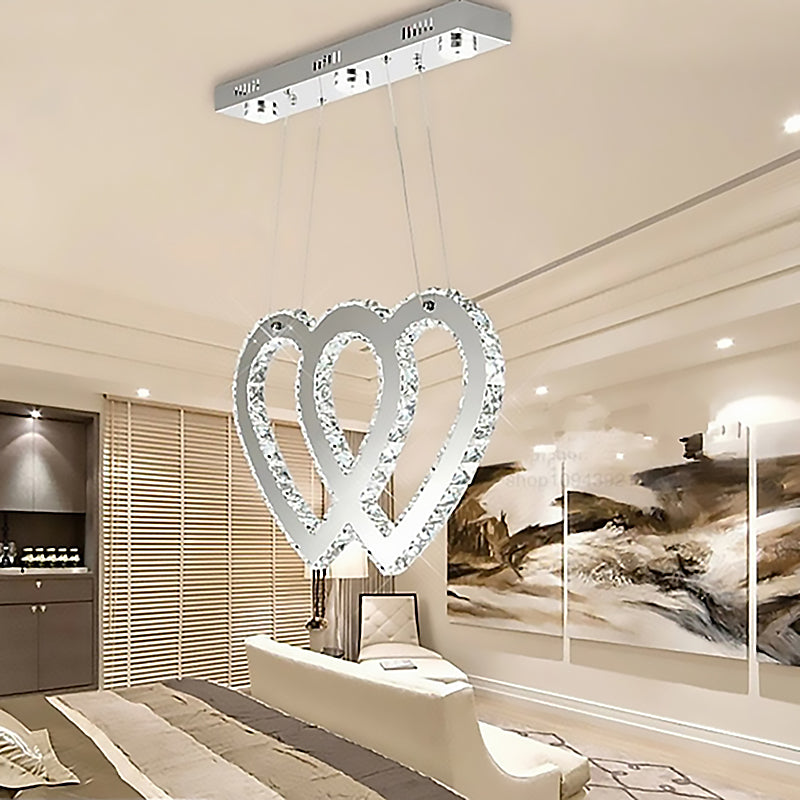 Modernist Double Heart Chandelier Lighting Crystal LED Hanging Light Fixture in Silver for Dining Table Clearhalo 'Ceiling Lights' 'Modern Pendants' 'Modern' 'Pendant Lights' 'Pendants' Lighting' 260099