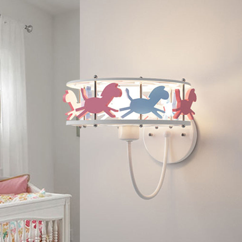 Drum Metal Cage Wall Light Sconce with Cartoon Horse Design Kids 1 Bulb Flush Wall Sconce in Pink Pink Clearhalo 'Wall Lamps & Sconces' 'Wall Lights' Lighting' 260102