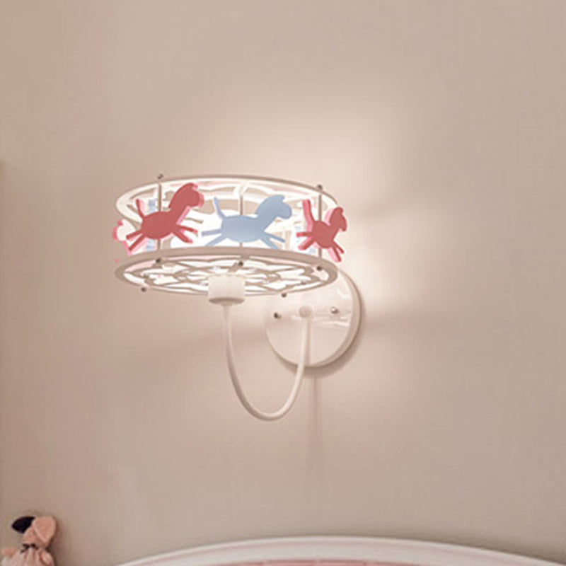 Drum Metal Cage Wall Light Sconce with Cartoon Horse Design Kids 1 Bulb Flush Wall Sconce in Pink Clearhalo 'Wall Lamps & Sconces' 'Wall Lights' Lighting' 260103