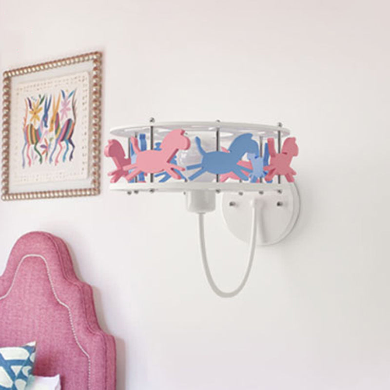 Drum Metal Cage Wall Light Sconce with Cartoon Horse Design Kids 1 Bulb Flush Wall Sconce in Pink Clearhalo 'Wall Lamps & Sconces' 'Wall Lights' Lighting' 260104