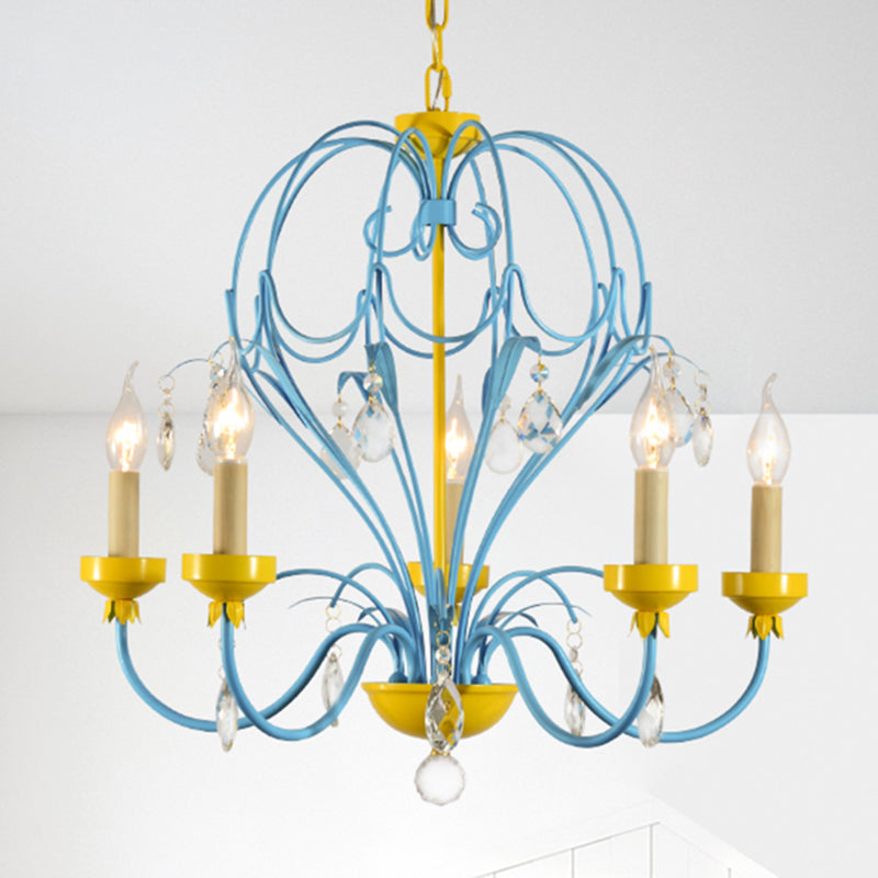 Macaron Candle Hanging Light Metallic 5 Lights Chandelier Lamp with Crystal Drop in Yellow and Blue for Children Yellow-Blue Clearhalo 'Ceiling Lights' 'Chandeliers' 'Modern Chandeliers' 'Modern' Lighting' 260107