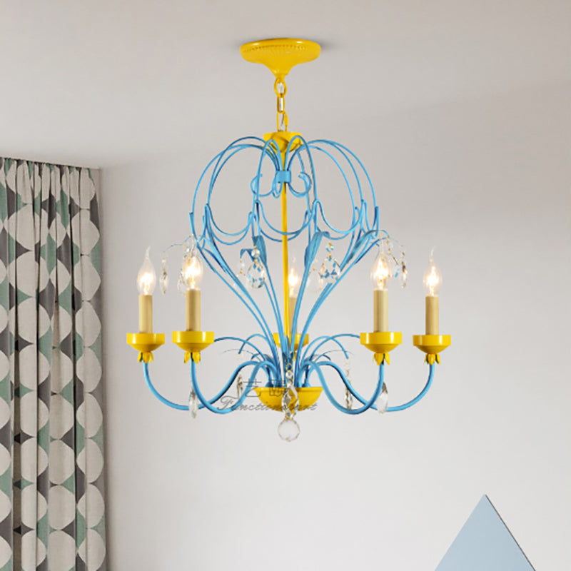 Macaron Candle Hanging Light Metallic 5 Lights Chandelier Lamp with Crystal Drop in Yellow and Blue for Children Clearhalo 'Ceiling Lights' 'Chandeliers' 'Modern Chandeliers' 'Modern' Lighting' 260108