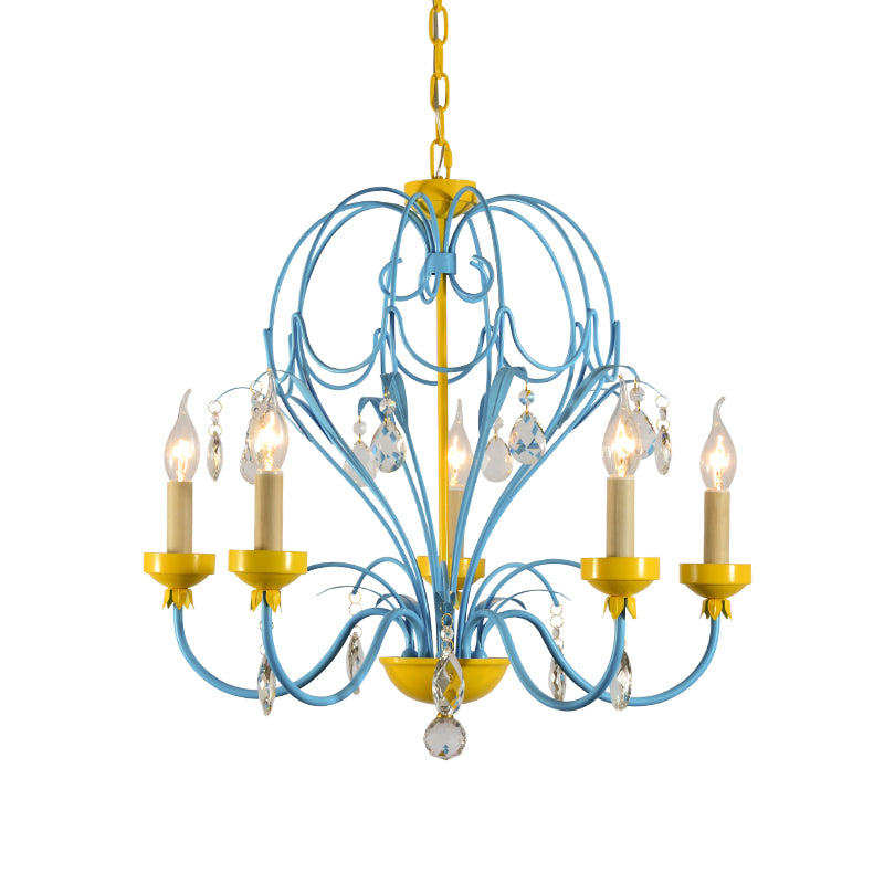 Macaron Candle Hanging Light Metallic 5 Lights Chandelier Lamp with Crystal Drop in Yellow and Blue for Children Clearhalo 'Ceiling Lights' 'Chandeliers' 'Modern Chandeliers' 'Modern' Lighting' 260109