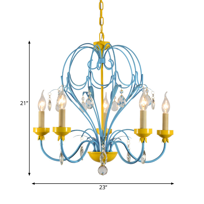 Macaron Candle Hanging Light Metallic 5 Lights Chandelier Lamp with Crystal Drop in Yellow and Blue for Children Clearhalo 'Ceiling Lights' 'Chandeliers' 'Modern Chandeliers' 'Modern' Lighting' 260110