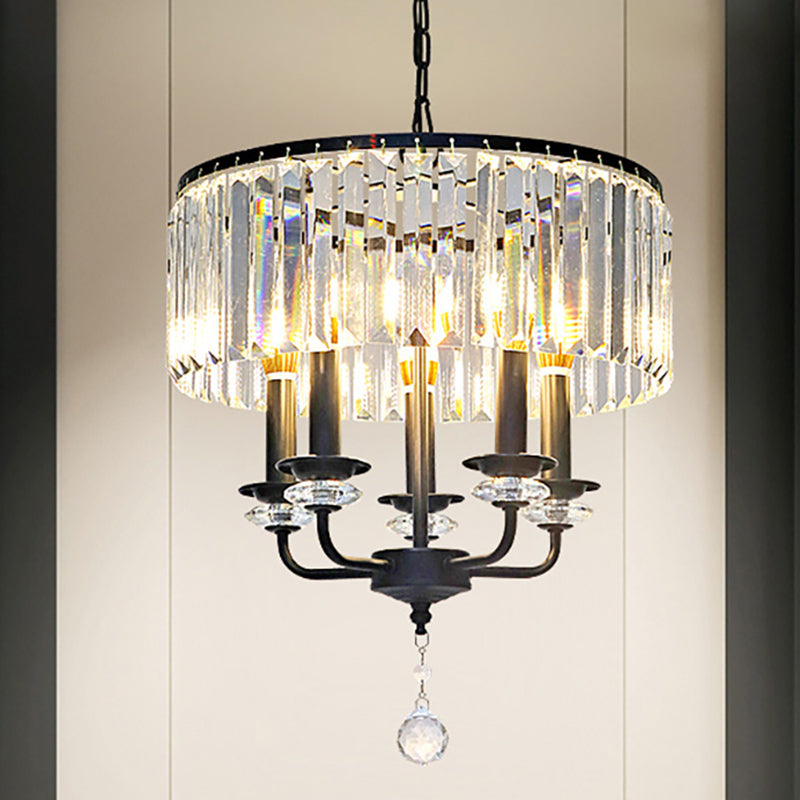 Clear Crystal Block Chandelier Lamp with Drum Shade Modernist 5 Lights Suspension Light in Black Black Clearhalo 'Ceiling Lights' 'Chandeliers' 'Modern Chandeliers' 'Modern' Lighting' 260112