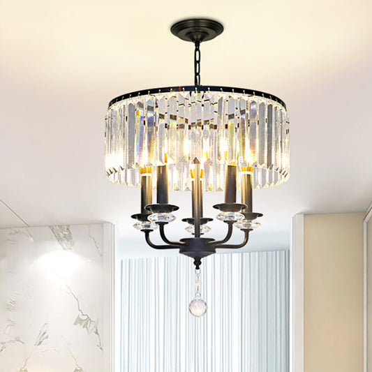 Clear Crystal Block Chandelier Lamp with Drum Shade Modernist 5 Lights Suspension Light in Black Clearhalo 'Ceiling Lights' 'Chandeliers' 'Modern Chandeliers' 'Modern' Lighting' 260113