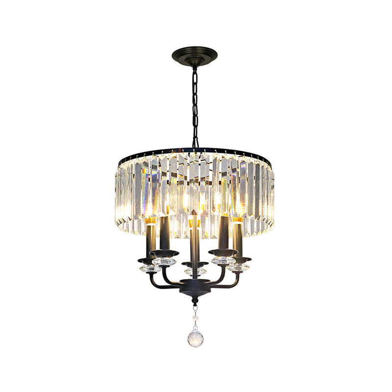 Clear Crystal Block Chandelier Lamp with Drum Shade Modernist 5 Lights Suspension Light in Black Clearhalo 'Ceiling Lights' 'Chandeliers' 'Modern Chandeliers' 'Modern' Lighting' 260114