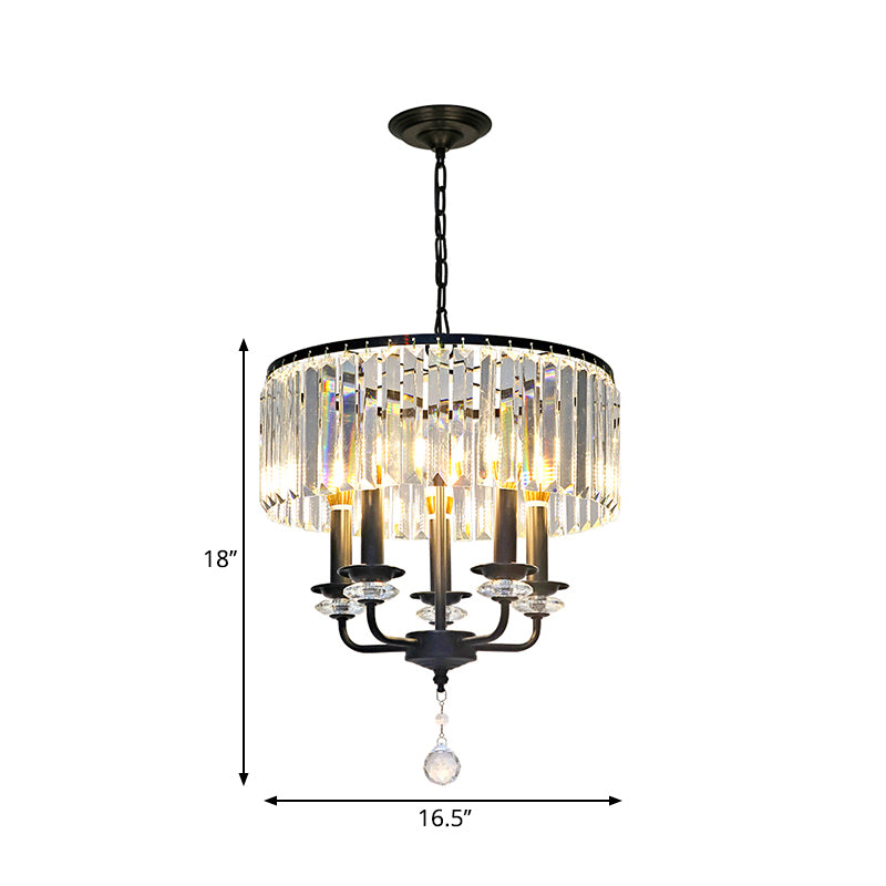 Clear Crystal Block Chandelier Lamp with Drum Shade Modernist 5 Lights Suspension Light in Black Clearhalo 'Ceiling Lights' 'Chandeliers' 'Modern Chandeliers' 'Modern' Lighting' 260115