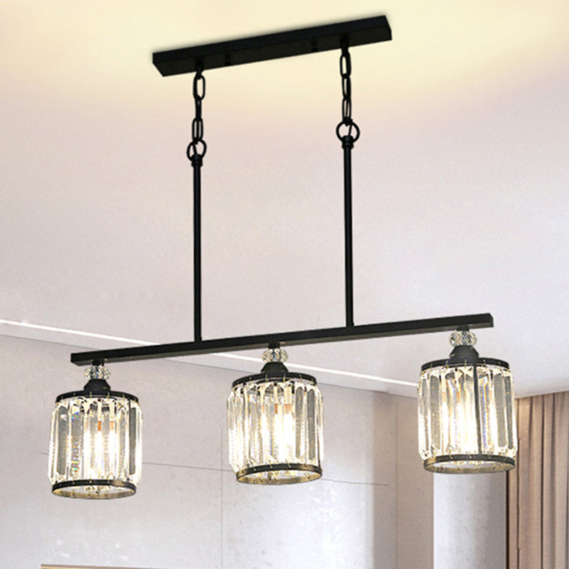 Industrial Cone/Cylinder Island Lighting Clear Crystal 3 Lights Pendant Light in Black for Dining Room Black Cylinder Clearhalo 'Ceiling Lights' 'Island Lights' Lighting' 260117