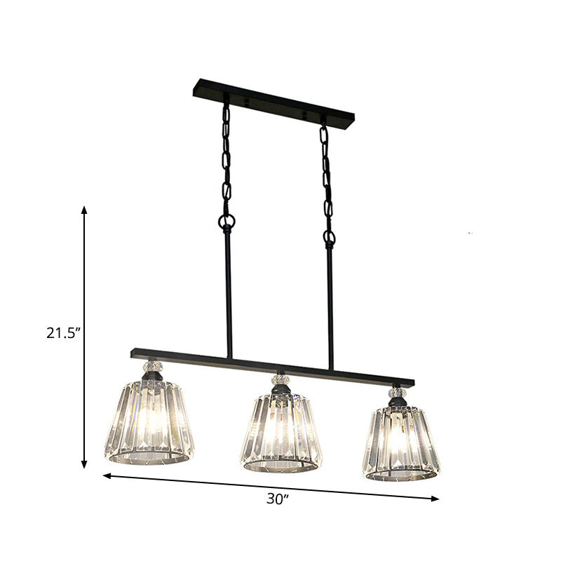 Industrial Cone/Cylinder Island Lighting Clear Crystal 3 Lights Pendant Light in Black for Dining Room Clearhalo 'Ceiling Lights' 'Island Lights' Lighting' 260123