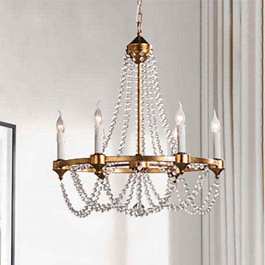 French Country Candle Chandelier Lamp with Crystal Beaded Strand 6 Lights Pendant Lighting in Antique Brass Antique Brass Clearhalo 'Ceiling Lights' 'Chandeliers' 'Modern Chandeliers' 'Modern' Lighting' 260162