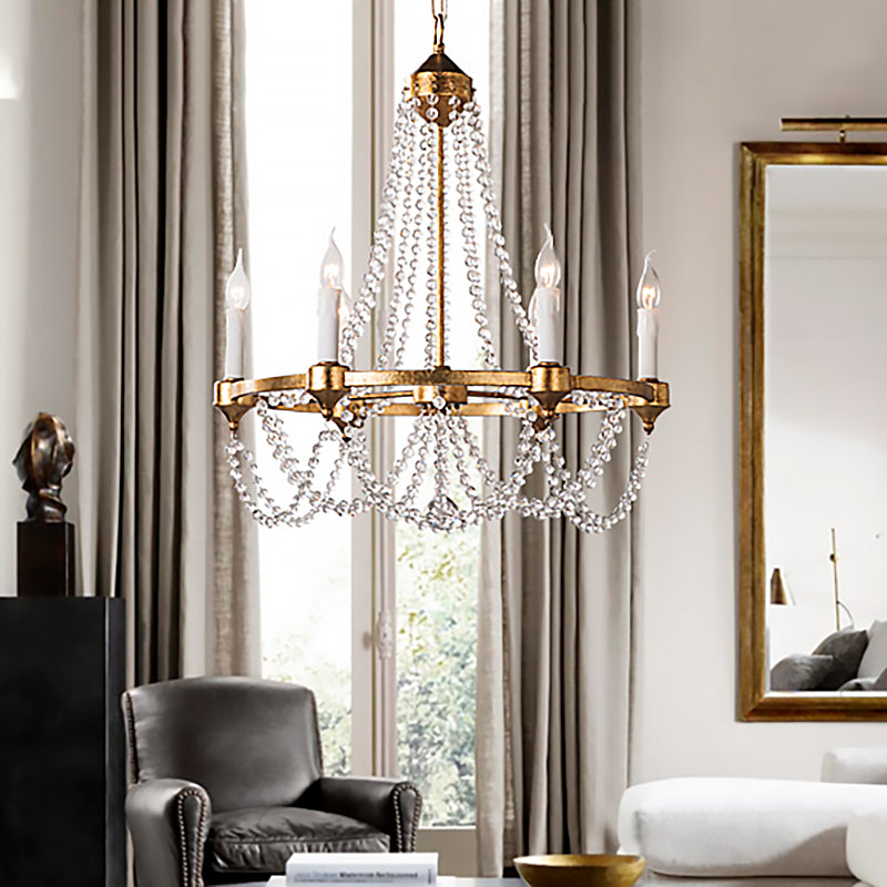 French Country Candle Chandelier Lamp with Crystal Beaded Strand 6 Lights Pendant Lighting in Antique Brass Clearhalo 'Ceiling Lights' 'Chandeliers' 'Modern Chandeliers' 'Modern' Lighting' 260163