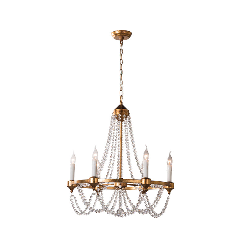 French Country Candle Chandelier Lamp with Crystal Beaded Strand 6 Lights Pendant Lighting in Antique Brass Clearhalo 'Ceiling Lights' 'Chandeliers' 'Modern Chandeliers' 'Modern' Lighting' 260164