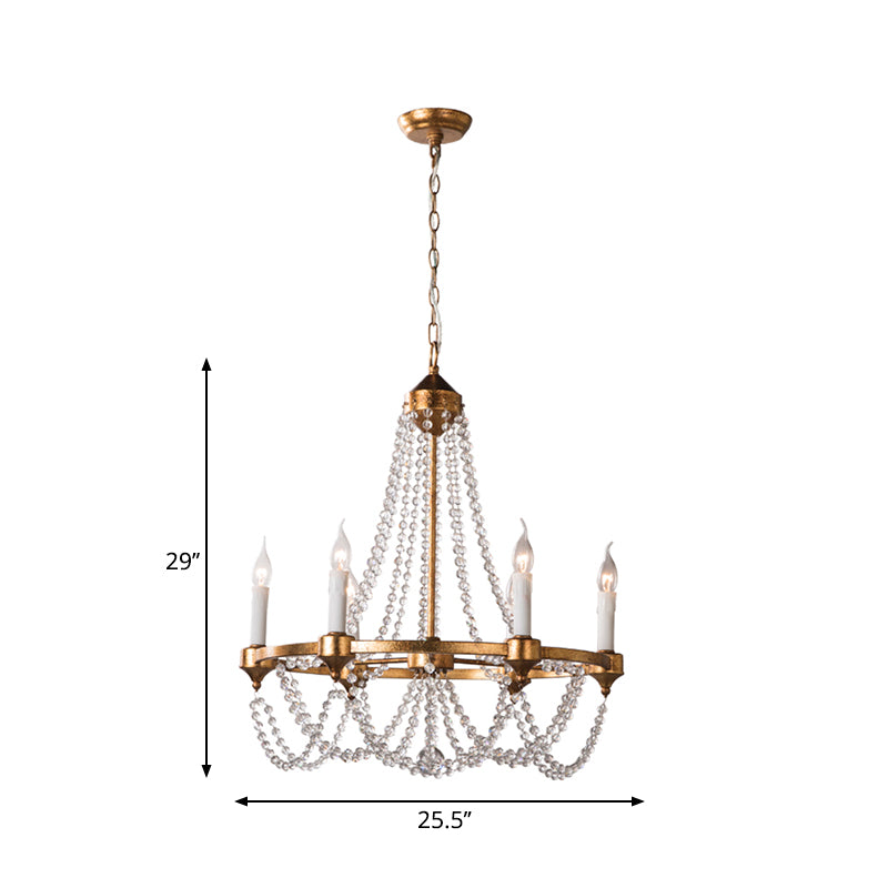 French Country Candle Chandelier Lamp with Crystal Beaded Strand 6 Lights Pendant Lighting in Antique Brass Clearhalo 'Ceiling Lights' 'Chandeliers' 'Modern Chandeliers' 'Modern' Lighting' 260165