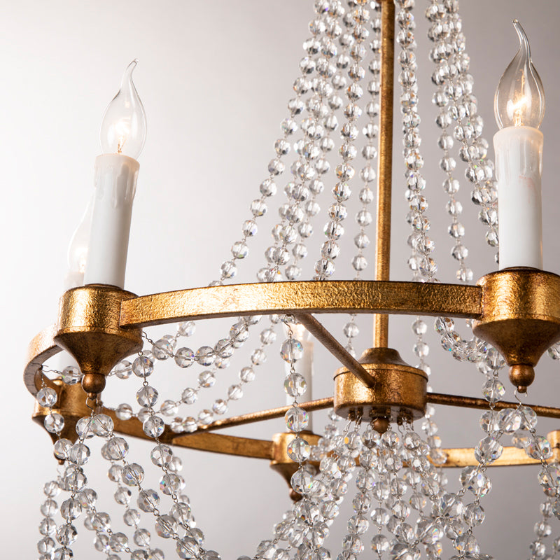 French Country Candle Chandelier Lamp with Crystal Beaded Strand 6 Lights Pendant Lighting in Antique Brass Clearhalo 'Ceiling Lights' 'Chandeliers' 'Modern Chandeliers' 'Modern' Lighting' 260166