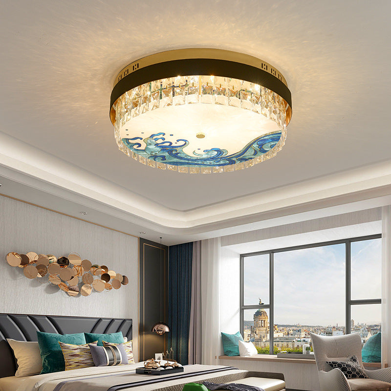 Creative Modern Drum Flush Mount Lamp Crystal Block Bedroom LED Ceiling Light in Brass Clearhalo 'Ceiling Lights' 'Close To Ceiling Lights' 'Lighting' 2602528