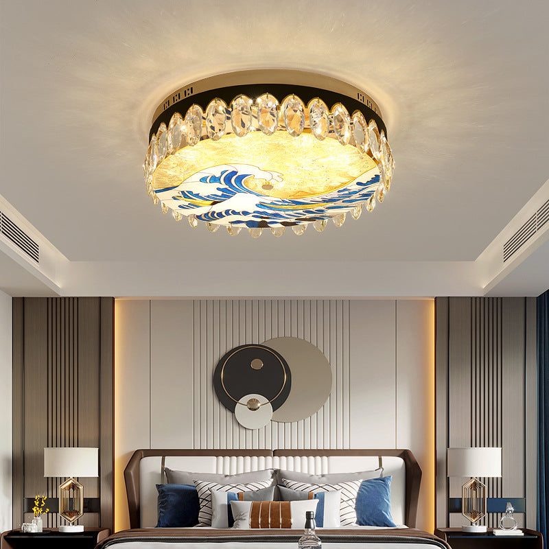 Creative Modern Drum Flush Mount Lamp Crystal Block Bedroom LED Ceiling Light in Brass Clearhalo 'Ceiling Lights' 'Close To Ceiling Lights' 'Lighting' 2602529