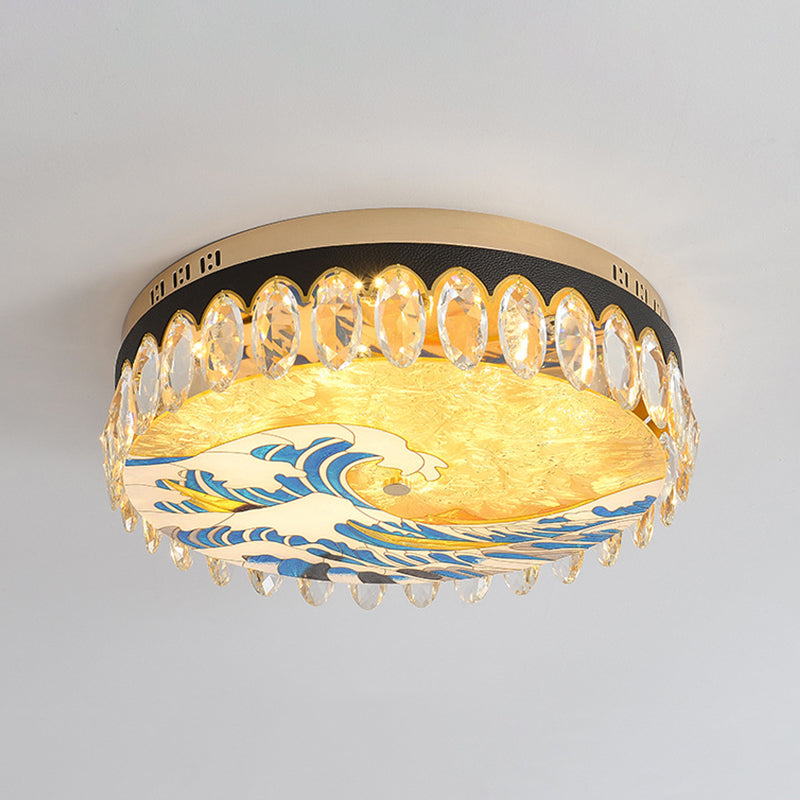 Creative Modern Drum Flush Mount Lamp Crystal Block Bedroom LED Ceiling Light in Brass Ocean Blue Clearhalo 'Ceiling Lights' 'Close To Ceiling Lights' 'Lighting' 2602530