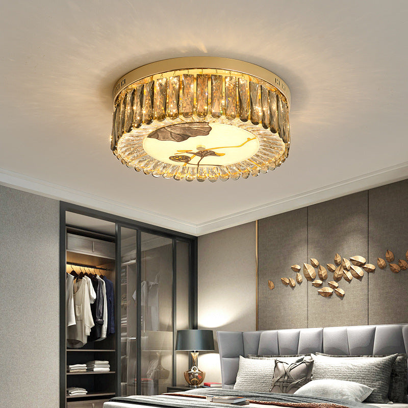 Creative Modern Drum Flush Mount Lamp Crystal Block Bedroom LED Ceiling Light in Brass Clearhalo 'Ceiling Lights' 'Close To Ceiling Lights' 'Lighting' 2602531