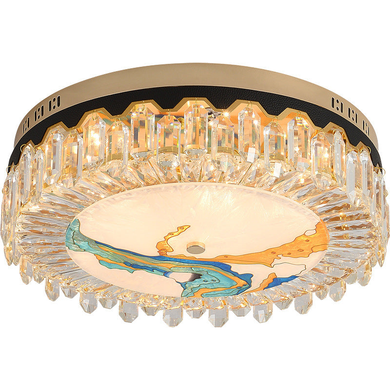 Creative Modern Drum Flush Mount Lamp Crystal Block Bedroom LED Ceiling Light in Brass Clearhalo 'Ceiling Lights' 'Close To Ceiling Lights' 'Lighting' 2602532