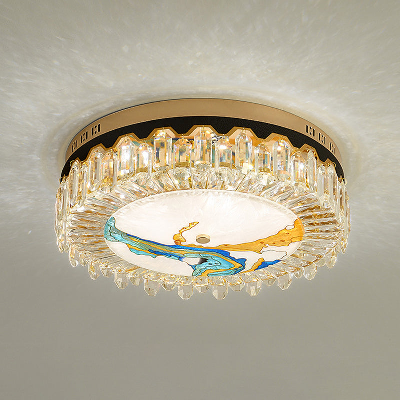 Creative Modern Drum Flush Mount Lamp Crystal Block Bedroom LED Ceiling Light in Brass Turquoise Clearhalo 'Ceiling Lights' 'Close To Ceiling Lights' 'Lighting' 2602534