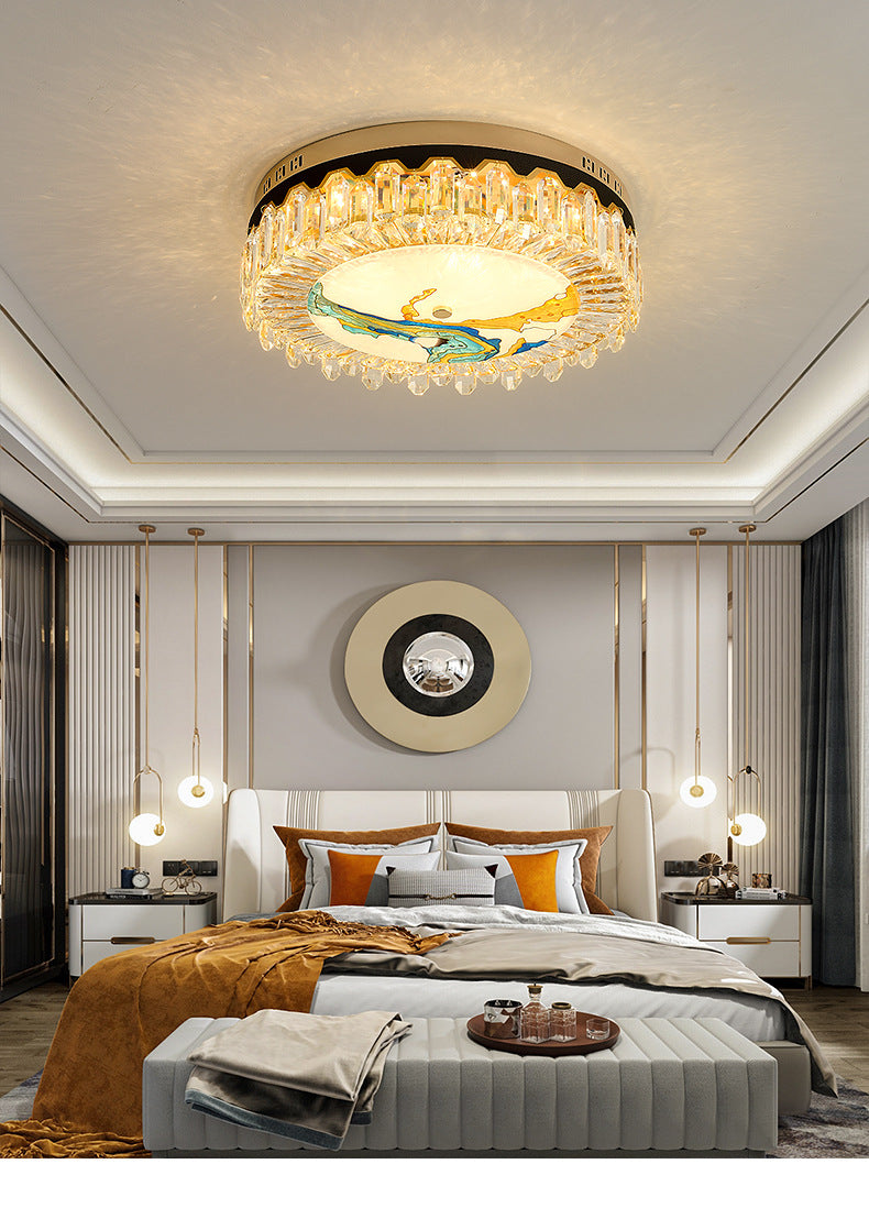 Creative Modern Drum Flush Mount Lamp Crystal Block Bedroom LED Ceiling Light in Brass Clearhalo 'Ceiling Lights' 'Close To Ceiling Lights' 'Lighting' 2602536