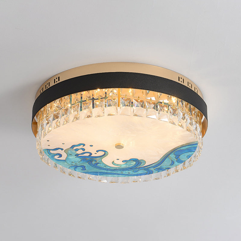 Creative Modern Drum Flush Mount Lamp Crystal Block Bedroom LED Ceiling Light in Brass Aqua Clearhalo 'Ceiling Lights' 'Close To Ceiling Lights' 'Lighting' 2602538