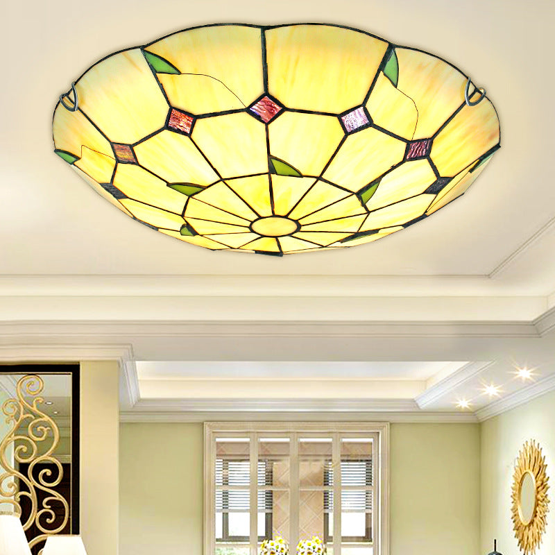 Handcrafted Glass Beige Ceiling Lighting Bowl Shaped Tiffany LED Flush Light for Hall Clearhalo 'Ceiling Lights' 'Close To Ceiling Lights' 'Lighting' 2602567