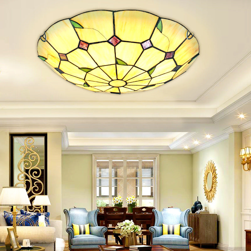 Handcrafted Glass Beige Ceiling Lighting Bowl Shaped Tiffany LED Flush Light for Hall Clearhalo 'Ceiling Lights' 'Close To Ceiling Lights' 'Lighting' 2602568