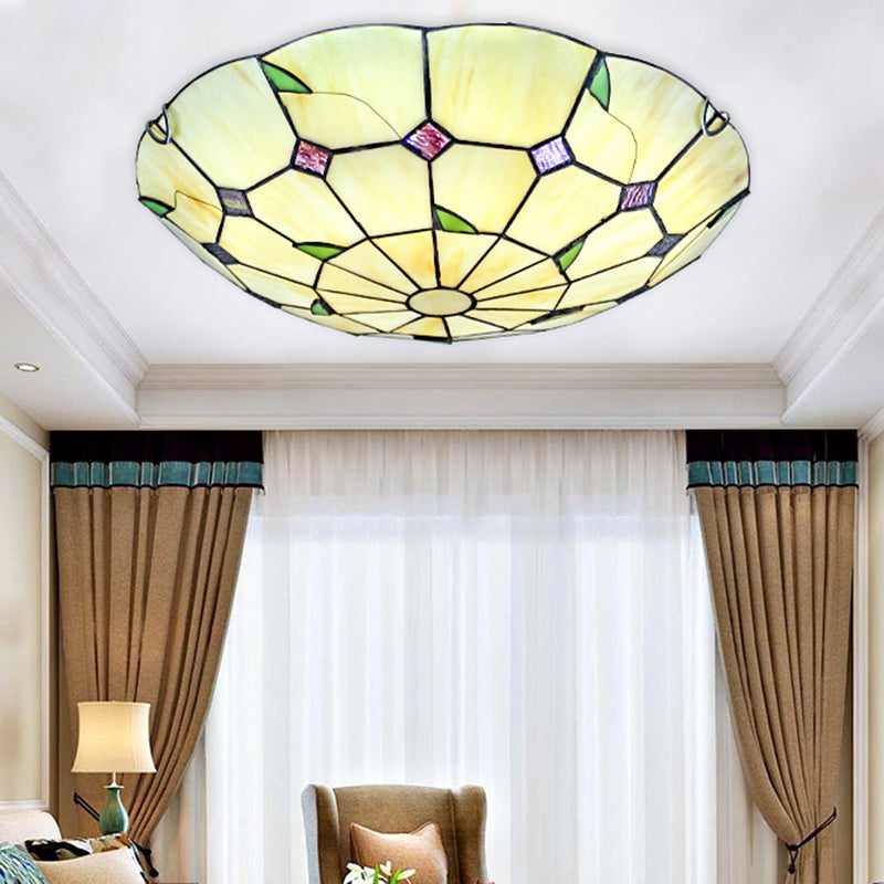 Handcrafted Glass Beige Ceiling Lighting Bowl Shaped Tiffany LED Flush Light for Hall Clearhalo 'Ceiling Lights' 'Close To Ceiling Lights' 'Lighting' 2602569