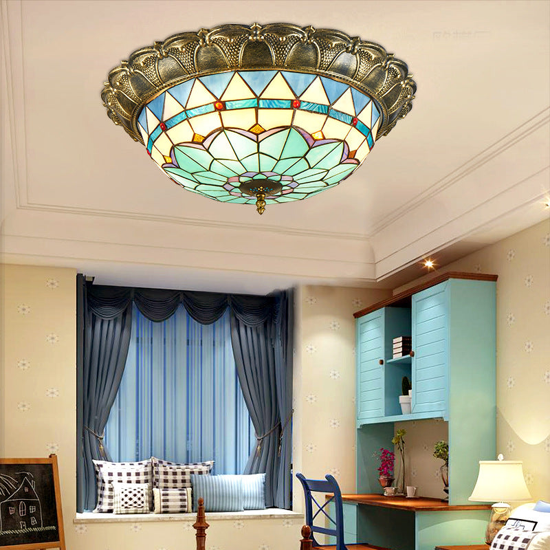 LED Ceiling Mounted Light Baroque Dome Shaped Stained Glass Flush Light in Bronze Clearhalo 'Ceiling Lights' 'Close To Ceiling Lights' 'Lighting' 2602575