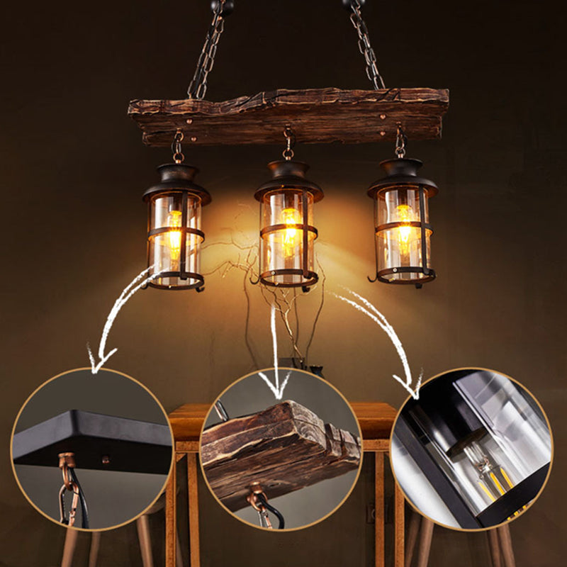 Rectangle Wood Chandelier Pendant Light Industrial Bar Ceiling Hanging Light Fixture in Black Clearhalo 'Ceiling Lights' 'Chandeliers' Lighting' 2602602