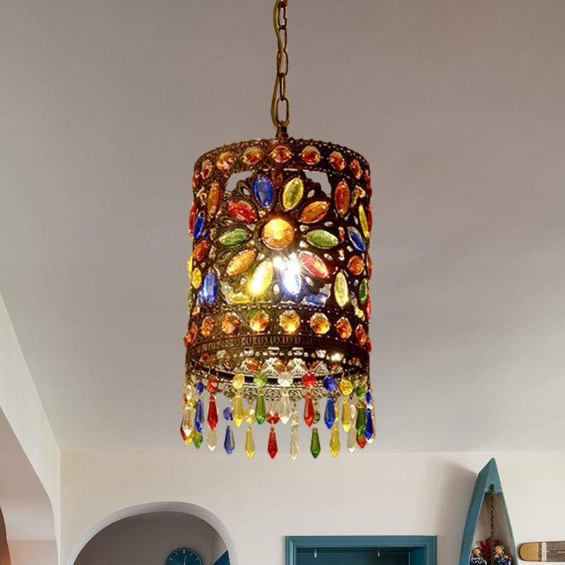 Metal Drum Shade Pendant Lamp Bohemia Style 1/3-Light Hanging Ceiling Light in Weathered Copper, 6.5"/16" Wide Clearhalo 'Ceiling Lights' 'Pendant Lights' 'Pendants' Lighting' 260262