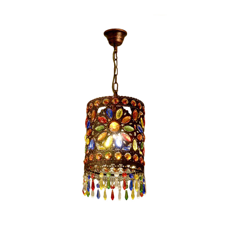 Metal Drum Shade Pendant Lamp Bohemia Style 1/3-Light Hanging Ceiling Light in Weathered Copper, 6.5"/16" Wide Clearhalo 'Ceiling Lights' 'Pendant Lights' 'Pendants' Lighting' 260263