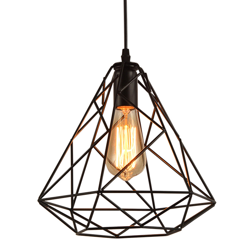 Metal Diamond Cage Pendant Lighting Vintage Style Dinning Room Hanging Pendant Light in Black Black Clearhalo 'Ceiling Lights' 'Pendant Lights' 'Pendants' Lighting' 2602634