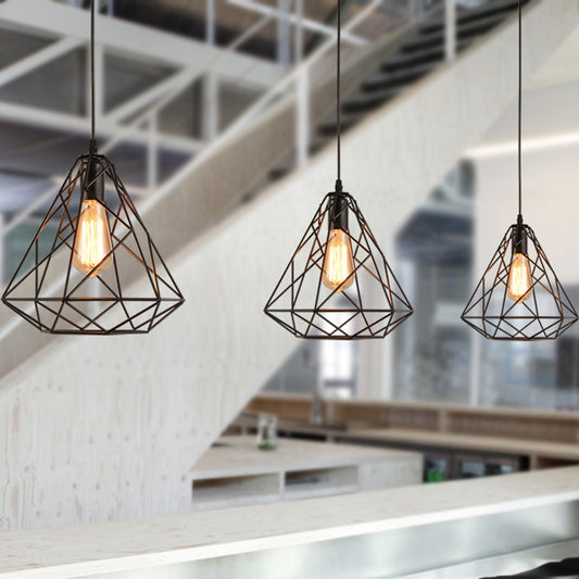 Metal Diamond Cage Pendant Lighting Vintage Style Dinning Room Hanging Pendant Light in Black Clearhalo 'Ceiling Lights' 'Pendant Lights' 'Pendants' Lighting' 2602635