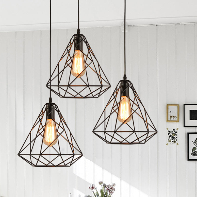 Metal Diamond Cage Pendant Lighting Vintage Style Dinning Room Hanging Pendant Light in Black Clearhalo 'Ceiling Lights' 'Pendant Lights' 'Pendants' Lighting' 2602636