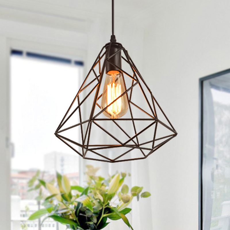 Metal Diamond Cage Pendant Lighting Vintage Style Dinning Room Hanging Pendant Light in Black Clearhalo 'Ceiling Lights' 'Pendant Lights' 'Pendants' Lighting' 2602638