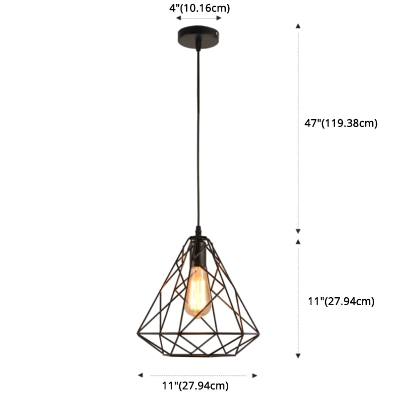 Metal Diamond Cage Pendant Lighting Vintage Style Dinning Room Hanging Pendant Light in Black Clearhalo 'Ceiling Lights' 'Pendant Lights' 'Pendants' Lighting' 2602639