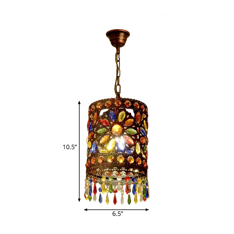 Metal Drum Shade Pendant Lamp Bohemia Style 1/3-Light Hanging Ceiling Light in Weathered Copper, 6.5"/16" Wide Clearhalo 'Ceiling Lights' 'Pendant Lights' 'Pendants' Lighting' 260264