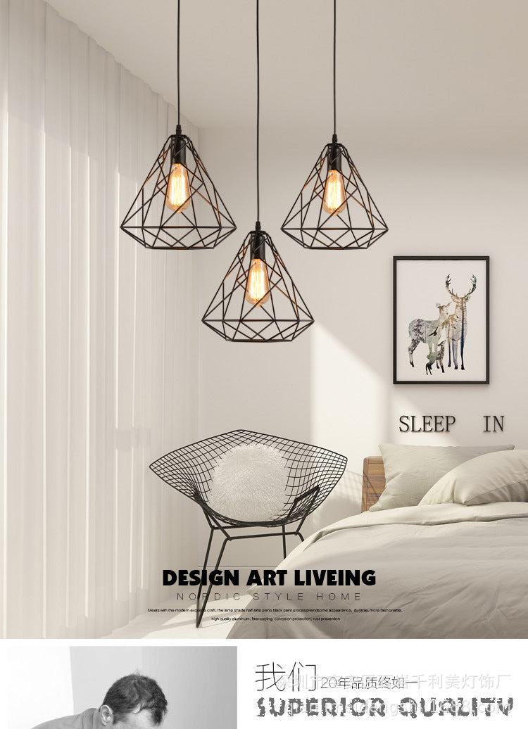 Metal Diamond Cage Pendant Lighting Vintage Style Dinning Room Hanging Pendant Light in Black Clearhalo 'Ceiling Lights' 'Pendant Lights' 'Pendants' Lighting' 2602641