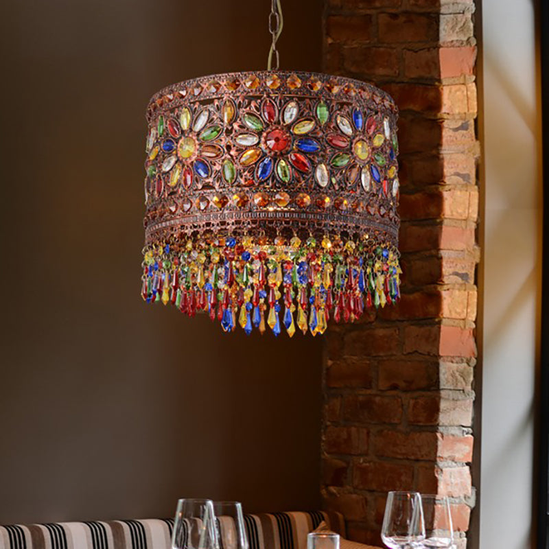 Metal Drum Shade Pendant Lamp Bohemia Style 1/3-Light Hanging Ceiling Light in Weathered Copper, 6.5"/16" Wide Clearhalo 'Ceiling Lights' 'Pendant Lights' 'Pendants' Lighting' 260265