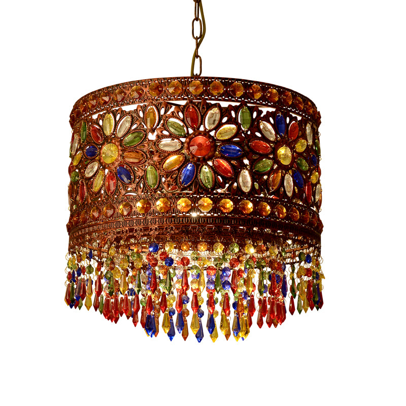 Metal Drum Shade Pendant Lamp Bohemia Style 1/3-Light Hanging Ceiling Light in Weathered Copper, 6.5"/16" Wide Clearhalo 'Ceiling Lights' 'Pendant Lights' 'Pendants' Lighting' 260266