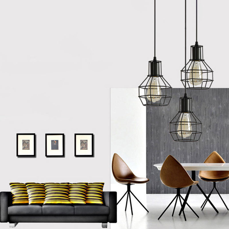 Industrial Style Open Cage Pendant Ceiling Light Metal Hanging Light Fixture in Black Clearhalo 'Ceiling Lights' 'Pendant Lights' 'Pendants' Lighting' 2602660