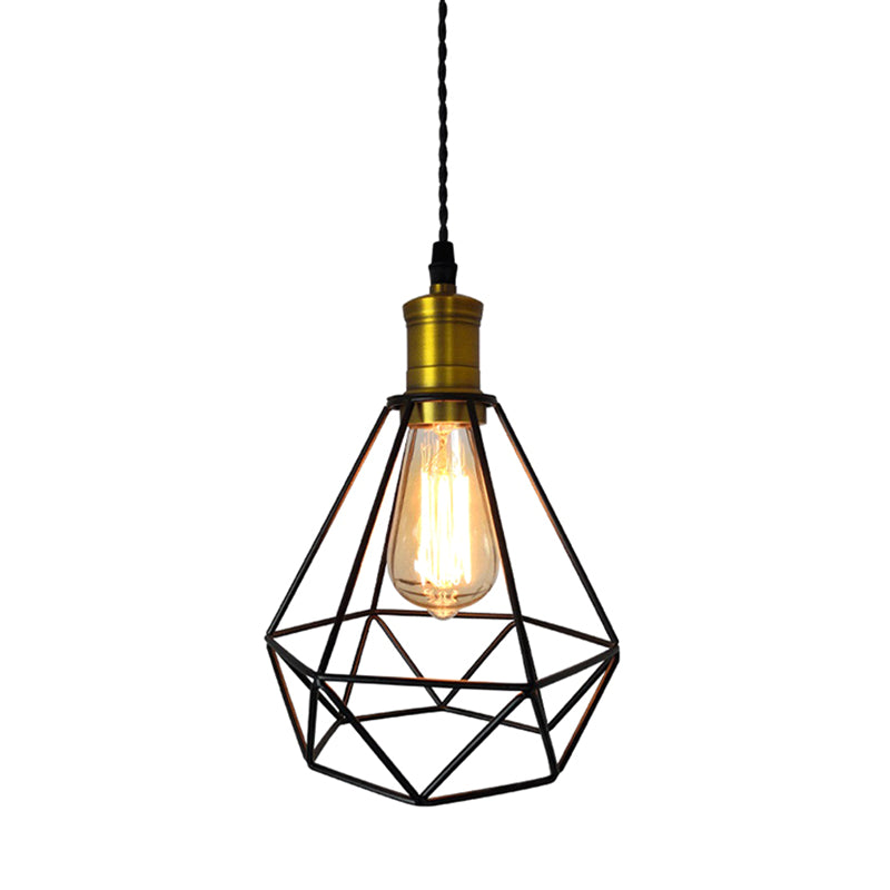 Geometric Cage Metal Pendant Ceiling Light Industrial Restaurant Hanging Light Fixture Black Black Clearhalo 'Ceiling Lights' 'Pendant Lights' 'Pendants' Lighting' 2602668