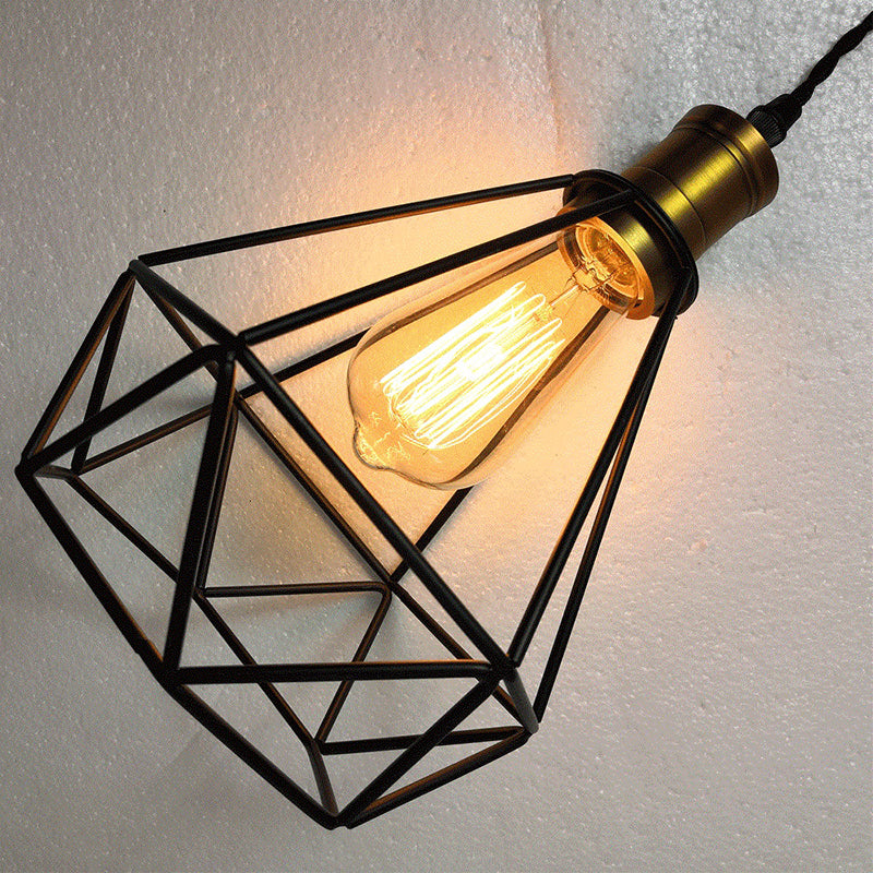 Geometric Cage Metal Pendant Ceiling Light Industrial Restaurant Hanging Light Fixture Black Clearhalo 'Ceiling Lights' 'Pendant Lights' 'Pendants' Lighting' 2602670