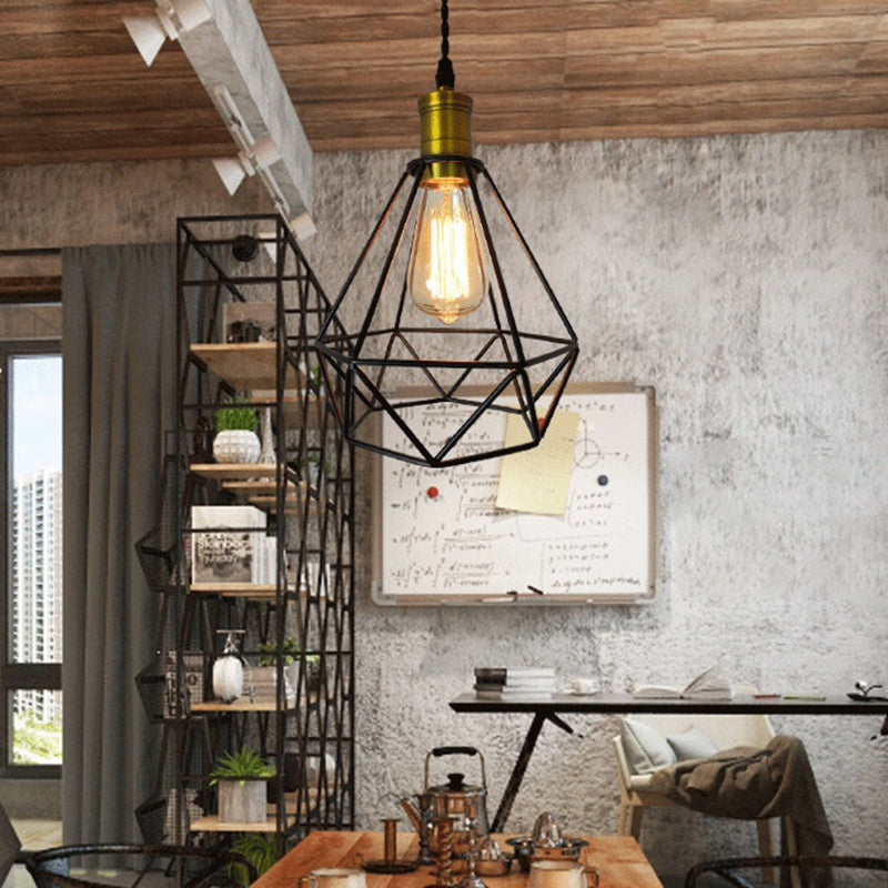 Geometric Cage Metal Pendant Ceiling Light Industrial Restaurant Hanging Light Fixture Black Clearhalo 'Ceiling Lights' 'Pendant Lights' 'Pendants' Lighting' 2602676