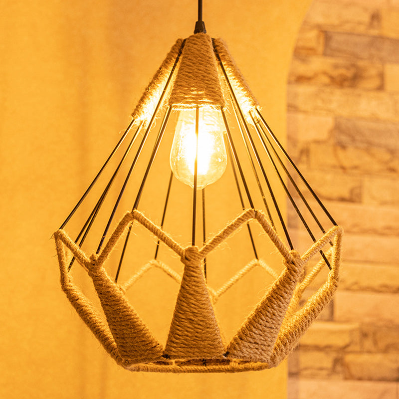 Pyramid Cage Rope Pendant Lighting Industrial Coffee Shop Hanging Pendant Light in Beige Clearhalo 'Ceiling Lights' 'Pendant Lights' 'Pendants' Lighting' 2602686